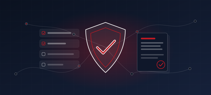 A shield with a check mark between a checklist and an audit report
